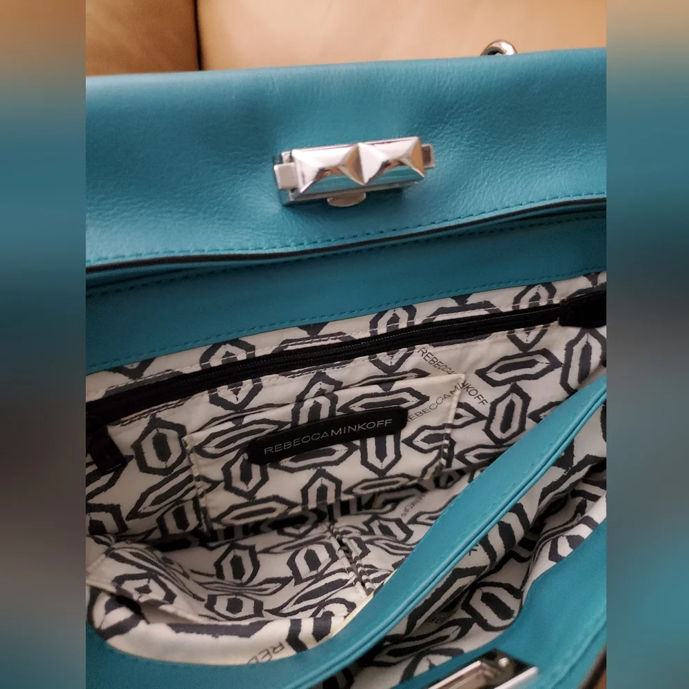 Rebecca Minkoff Teal leather Satchel good used condition crossbody strap